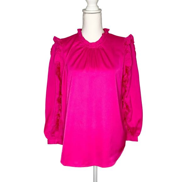 J. Crew Bright Pink Satin Crepe Ruffle Sleeve Top 3/4 Sleeve Small NWT - Picture 1 of 8
